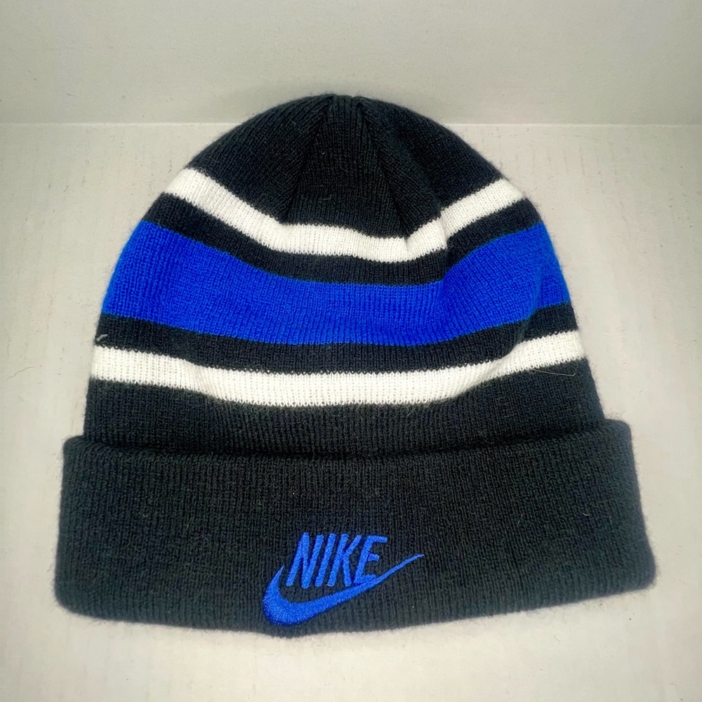 Boys Youth Nike Black and Blue Striped Knit Beanie